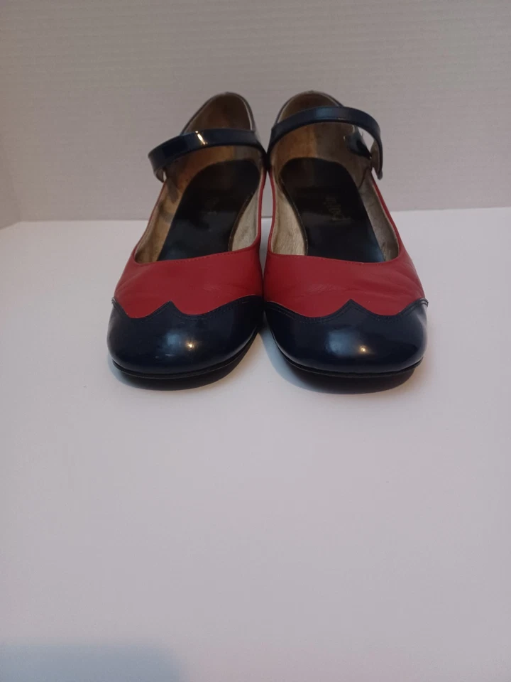 Auténtica Mary Jane's vintage años 60 en azul marino y rojo con correa, cierre de botones Foto 3 de 4
