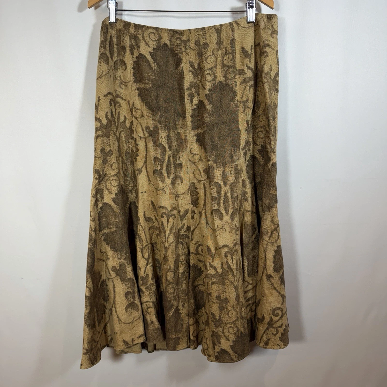 Lauren Ralph Lauren 100% Linen Midi Skirt Brown Floral A-Line Flared Panels 14