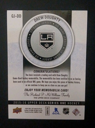 2015-16 Upper Deck Game JSY PATCH Drew Doughty #GJ-DD LA Kings Hockey Card (f3) - Picture 2 of 2