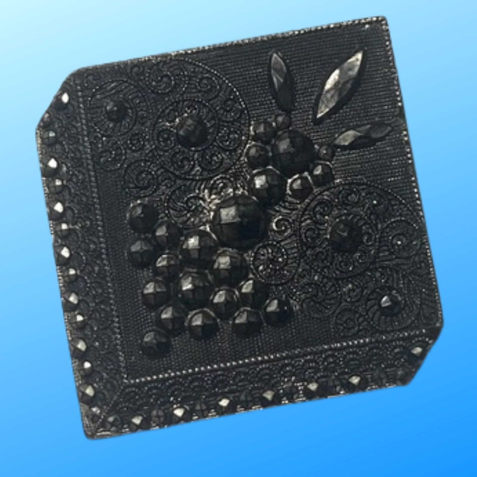 Large 19th Century Black Lacy Glass 'Handkerchief' Button w Silver Luster