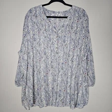 Rose And Olive Womens 3X Blue Floral Blouse Boho Peasant Top 1/4 Button V-Neck