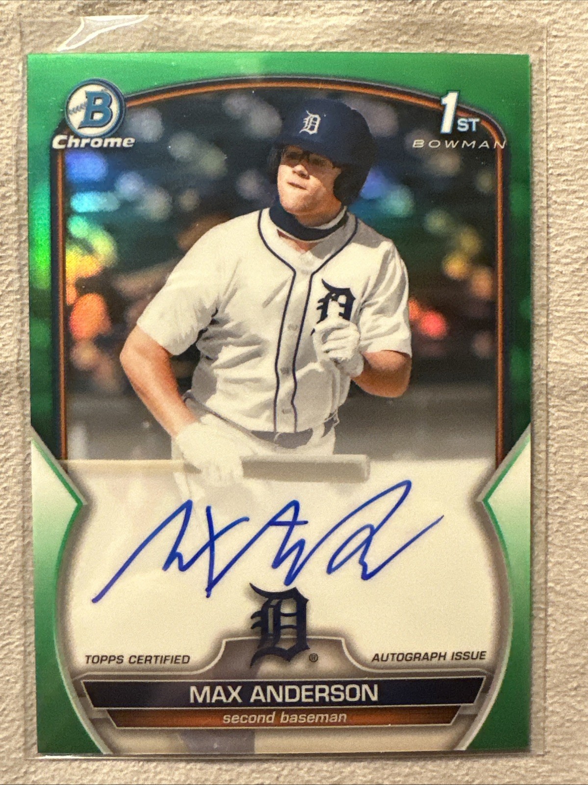 Max Anderson 2023 Bowman Draft #CDA-MA 1st Bowman Chrome Green Auto /99 Tigers