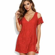 GUESS Cold Shoulder Sheath Dress SIZE 6 Red Lace V-Neck Lined Strech Cocktail