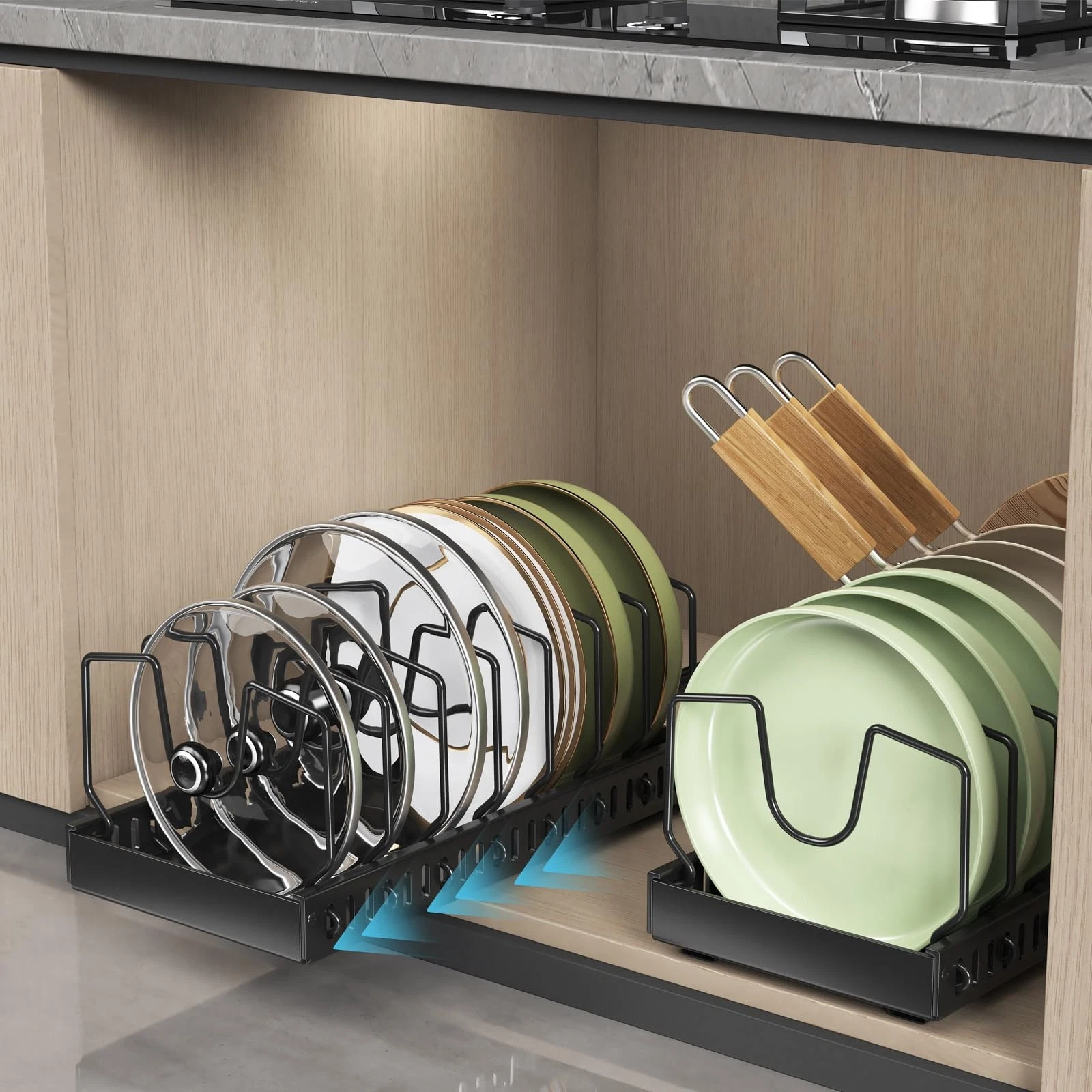 2PCS Black Pot Lid Organizer, Pull-out Pots and Pans Organizer, Under Cabinet...