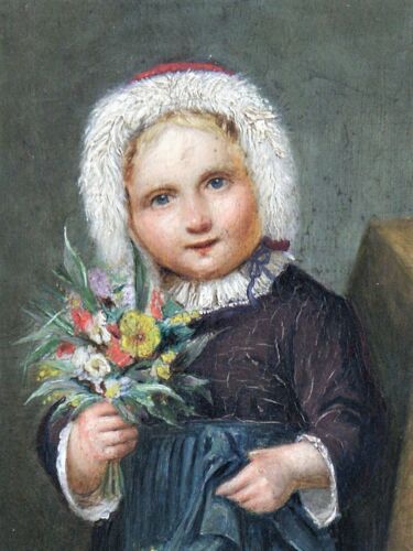 Quadro a olio ragazza dell'Assia Johann Georg Meyer di Brema ragazza con fiori (P118) - Foto 1 di 2