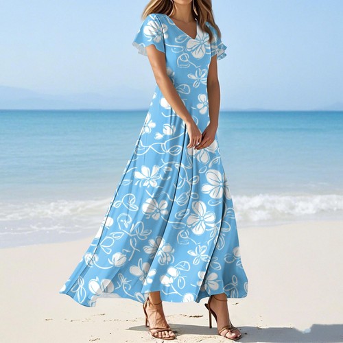 Women's Summer Casual Fashion Flower Prints Dresses V-Neck Short Sleeve Dresses - Picture 28 of 30