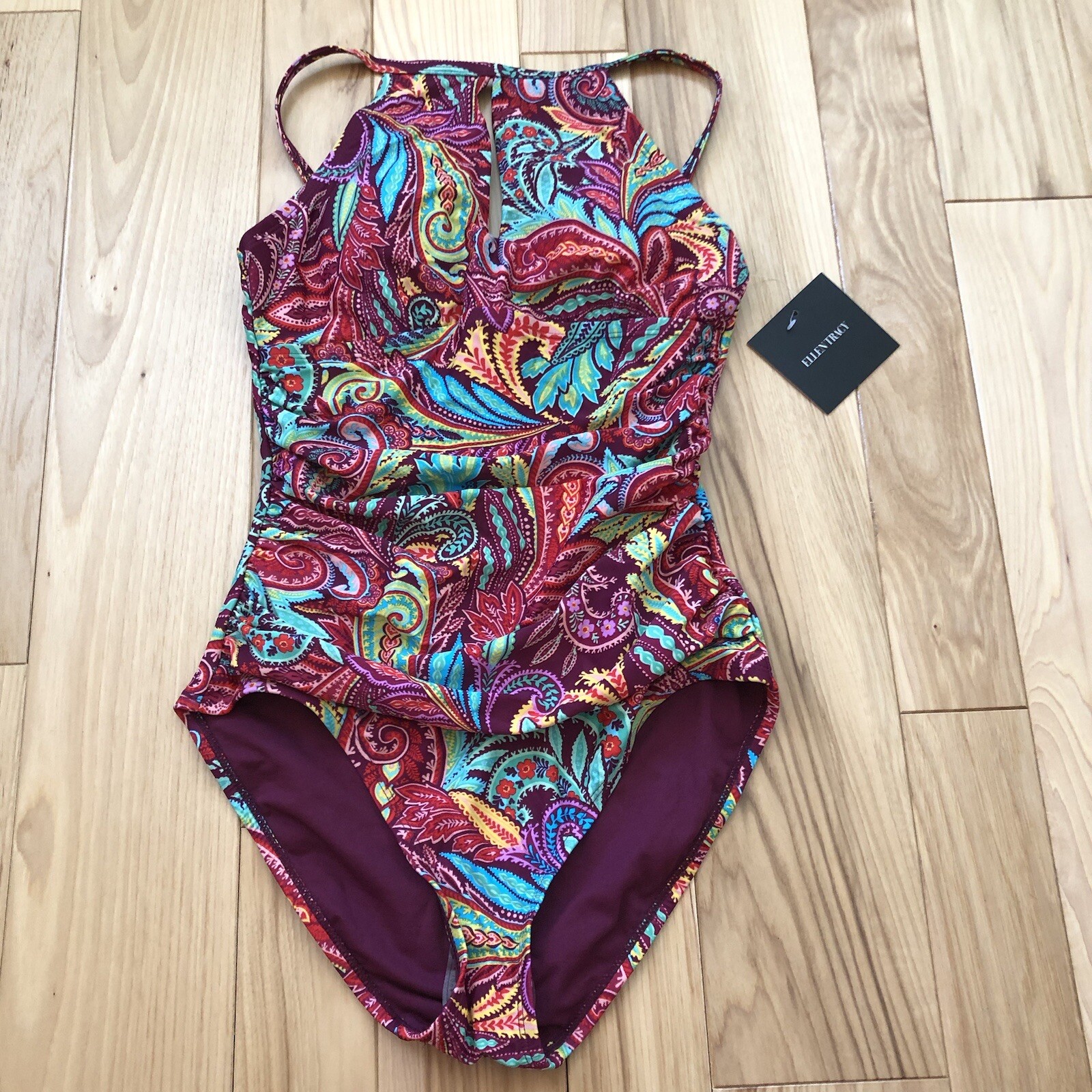 NWT Ellen Tracy Paisley Print High Neck Ruched One Piece Swimsuit Size
