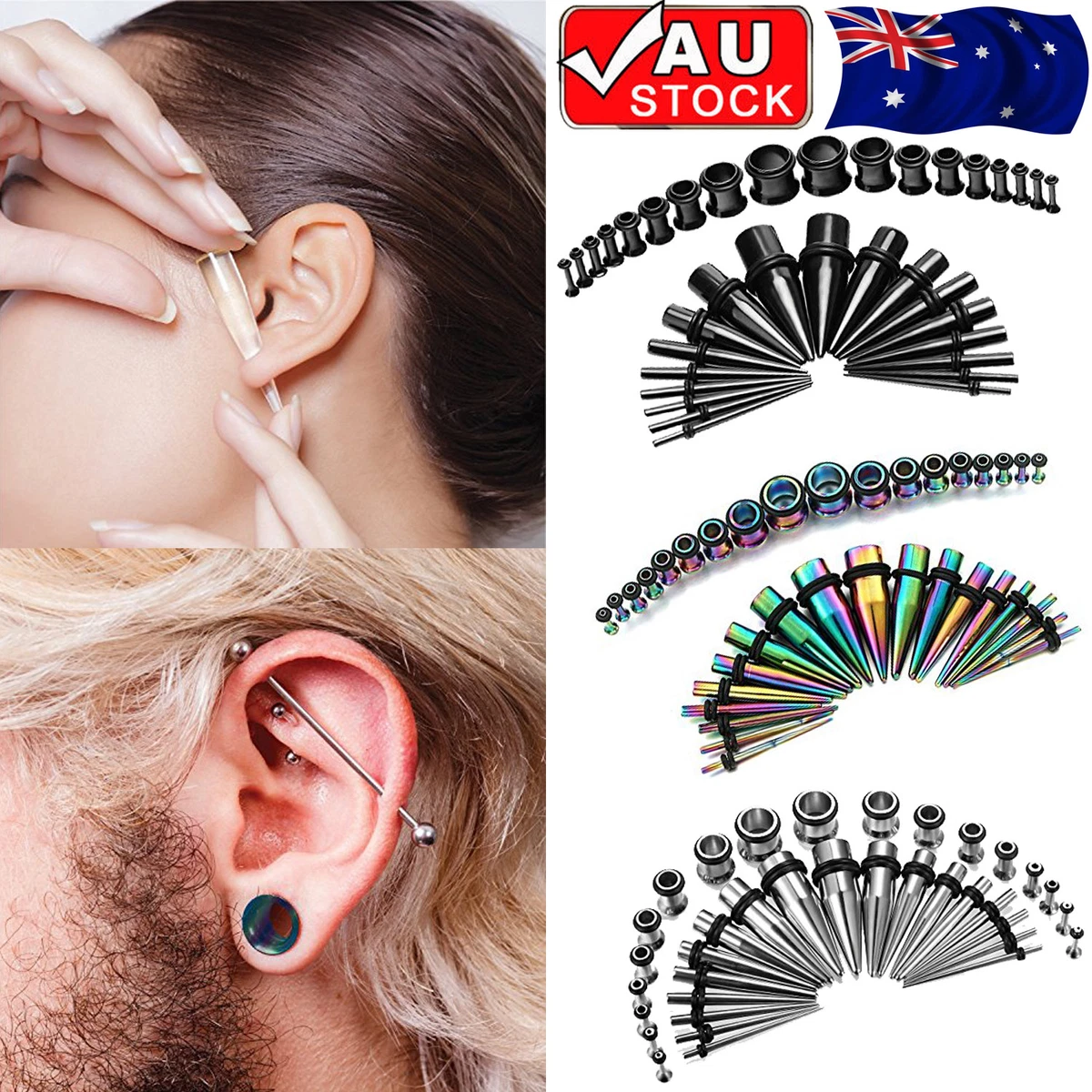 36PCS Stainless Steel Ear Stretching Kit Plug Set Stretch Ear