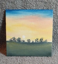 Original Landscape Oil abstract Painting Colorful sunrise sunset & grassy fields