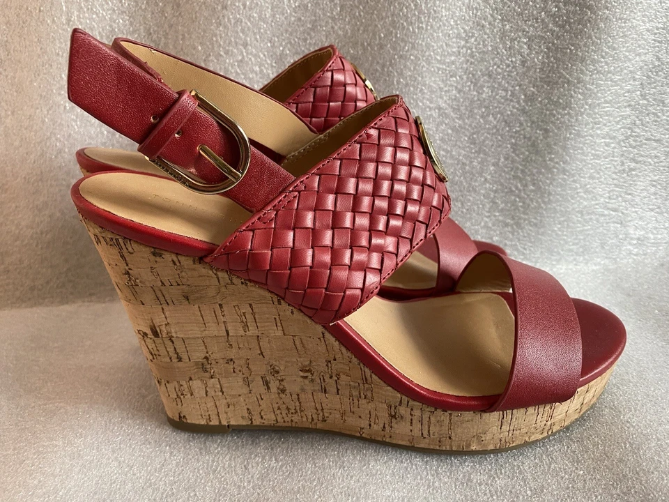 TOMMY HILFIGER MUJER ROJO LOGO PUNTA ABIERTA CUÑA BRIANNE SANDALIAS ZAPATOS TALLA 8.5 NUEVO Foto 4 de 4
