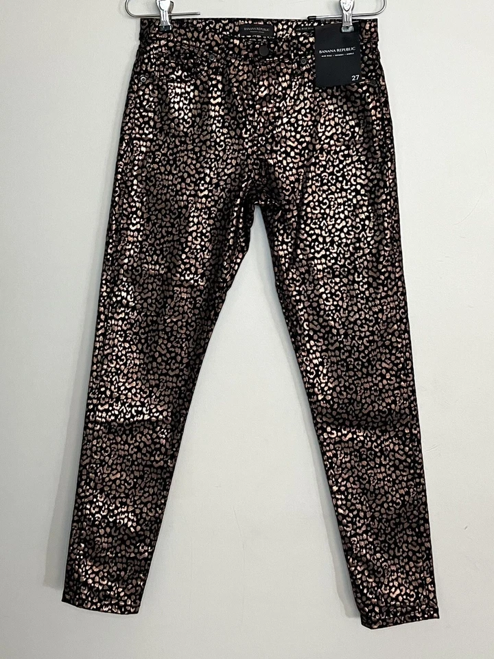 Banana Republic 全新中腰紧身金属豹纹牛仔裤黑色金色 27 码