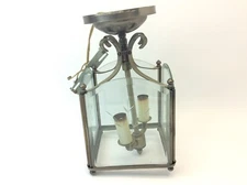 Used 2 Socket Ceiling Mounted Electric Light Fixture Etched Beveled Glass Parts
