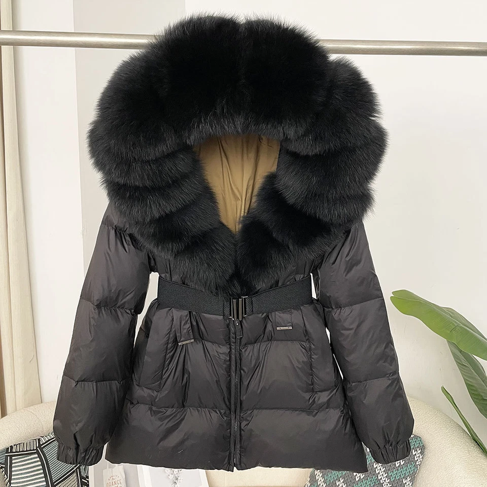 Hooded Womens Real Fox Fur Big Collar Down Jacket Short Coat Overcoat Outwear sz - Image 4 of 4