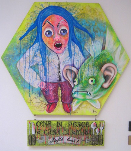 pop art painting modern contemporary original signed vampires figures green fish - Picture 5 of 24