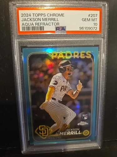 2024 Topps Chrome Jackson Merrill Rookie Aqua Refractor /199 PSA 10