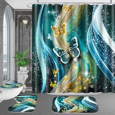 4 Pcs Bathroom Shower Curtain Set,Blue Light Butterfly Bathroom Sets with Rugs B