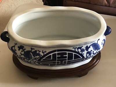 ボンベイ　花台　BOMBAY アンティーク　インテリア家具 BOMBAY COMPANY CHINOISERIE BLUE WHITE PORCELAIN OVAL PLANTER