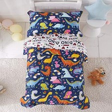 4 Piece Toddler Bedding Set, Standard Size Colorful Dinosaur Navy-dinosaur