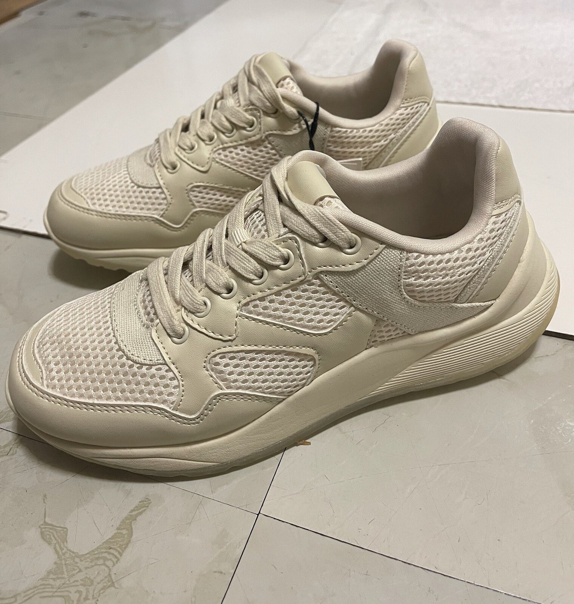 Zara Mesh Off White Leather Tennis Sneakers Size US 6.5 3412