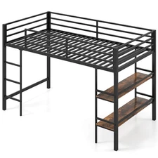 Twin Size Low Loft Bed w/Storage Shelves Ladder Full-length Guardrails, Black