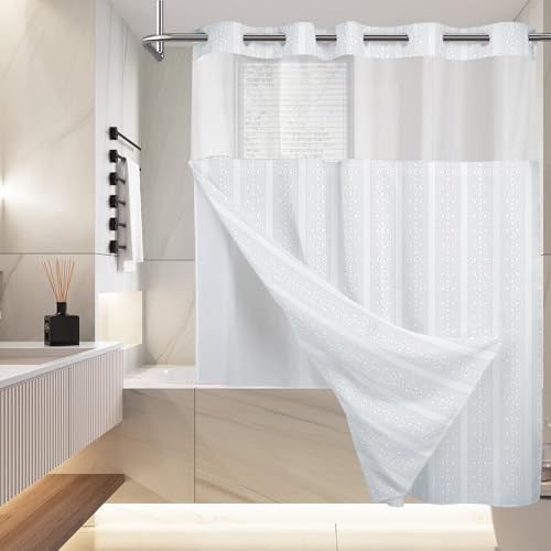 No Hook Shower Curtain with Snap in Liner Set, Modern White Waffle Weave - Picture 3 of 8