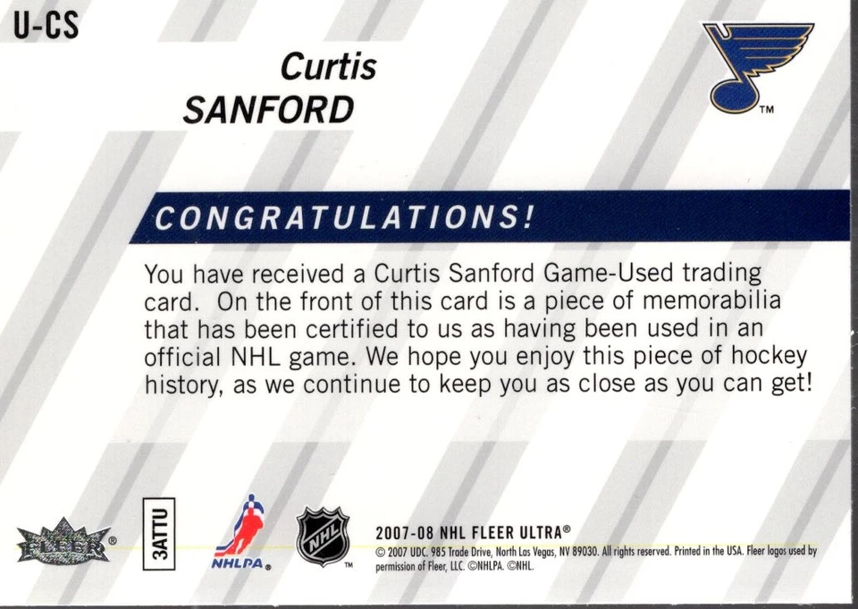 2007-08 Ultra Uniformity #UCS Curtis Sanford Jersey - HKY - Image 2 of 2