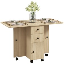 HOMCOM Folding Dining Table, Drop Leaf Table With Drawers Natural Wood
