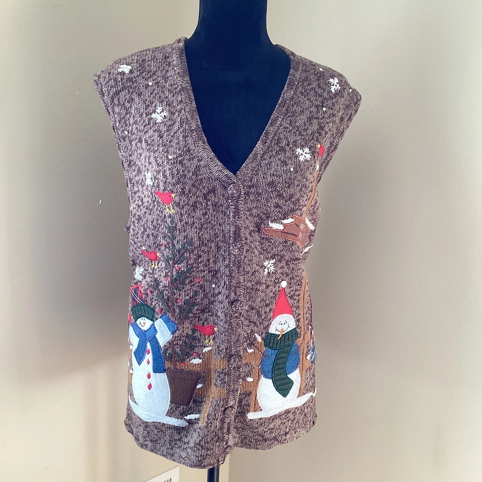 Chaleco Suéter Vintage Bobbie Brooks XL Cardinal Bird Marrón Navidad Polo Norte Foto 2 de 4