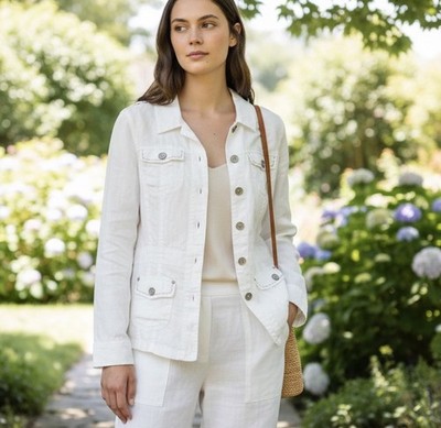 Tom Tailor Women White Linen 100% Jacket With Pockets Size 36 (M)