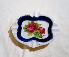 Vintage Ladies White Porcelain W Roses Floral Ashtray Made In Japan 5"x 3-3/4"