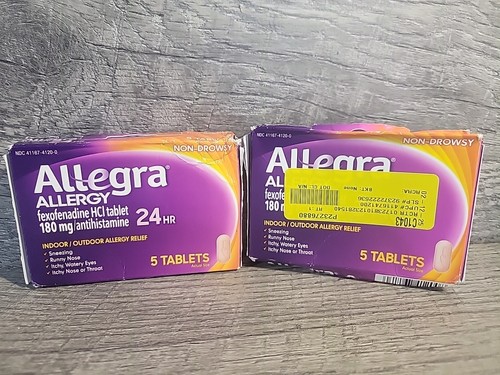 2x Allegra Allergy Relief Medicine 24HR Pills 180mg 5 Tablets each Damaged Boxes