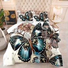 3D Luxury Butterfly Printed Quilt, 3-Piece Retro Vintage Romantic Queen Brown