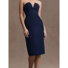 Anthropologie BHLDN Nora Strapless Deep-V Taffeta Back-Slit Midi 2 NWT Navy