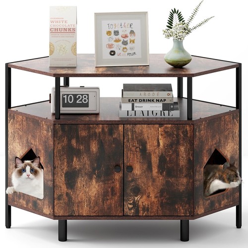 Corner Cat Litter Box Enclosure - Cat Washroom Hidden Furniture with Dual Fro...