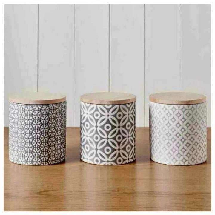 Set Of 3 Ceramic Tea Coffee Sugar Canisters Jars Geo Embossed Storage Jars Pots