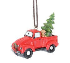 Hand Painted Red Pick up Truck Dog Puppy Christmas Tree Hanging Loop Ornament