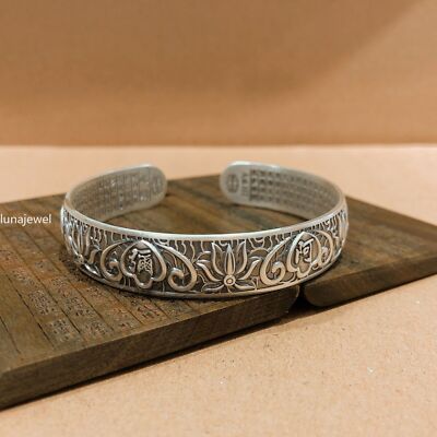 Pure S999 Sterling Silver 999 Vintage Lotus Wide Bracelet