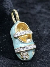 Vintage Lauren G Adams Gold tone Baby Shoe Green Enamel w/ Pave Crystal Accents 