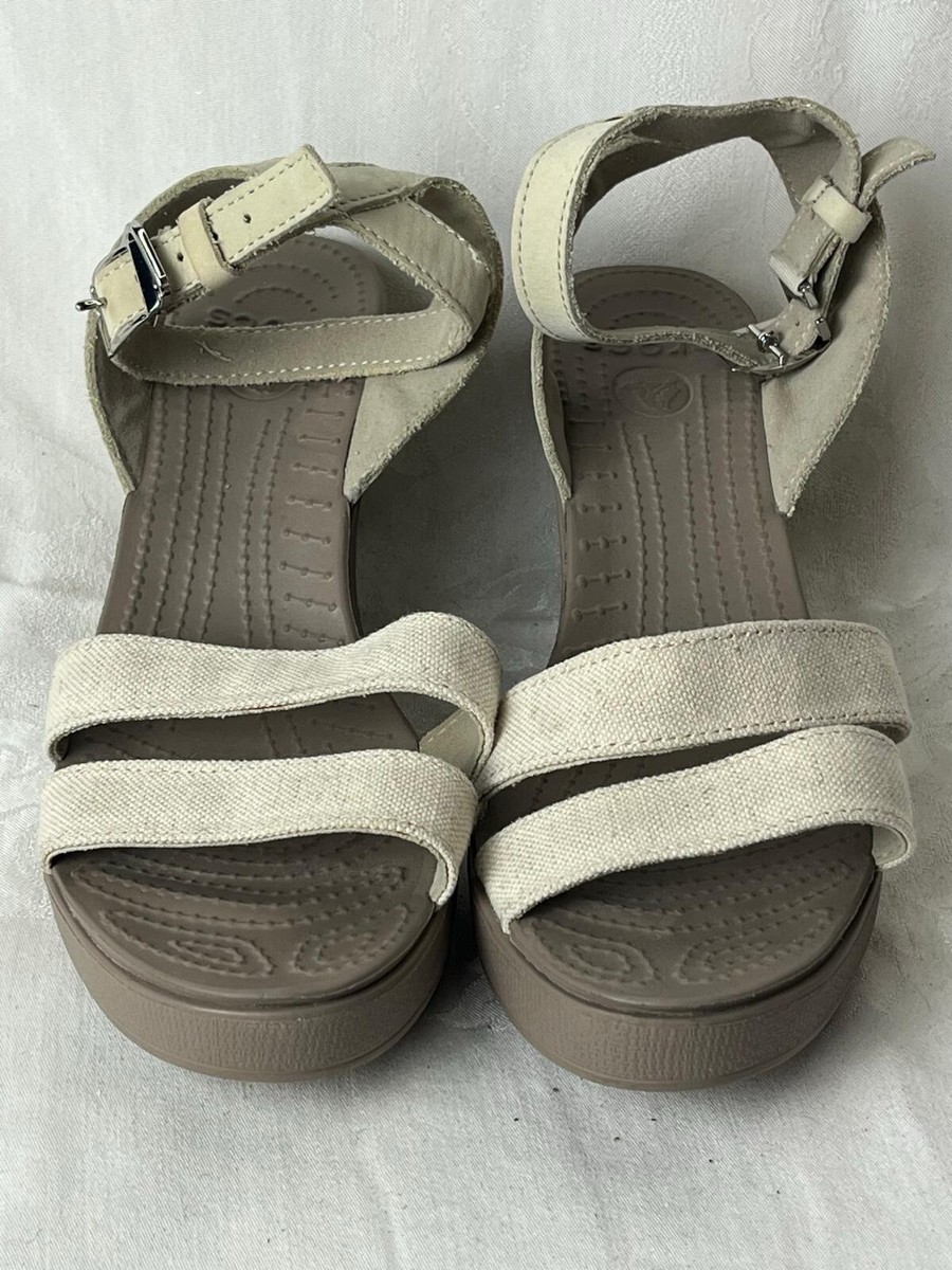 Crocs Women's Sandal Leigh II IVORY Ankle Strap Wedge Sandals Size