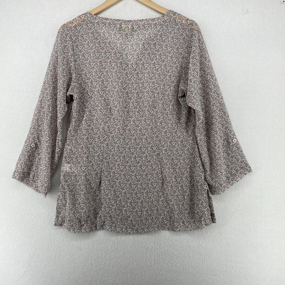 EXOFFICIO Blouse S Crinkle Chiffon Floral Button Cuffs 3/4 Sleeve Boho Purple - Image 2 of 4