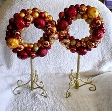 Pair of 10" Shatterproof Ornament Wreaths w/Stands Burgandy  Gold