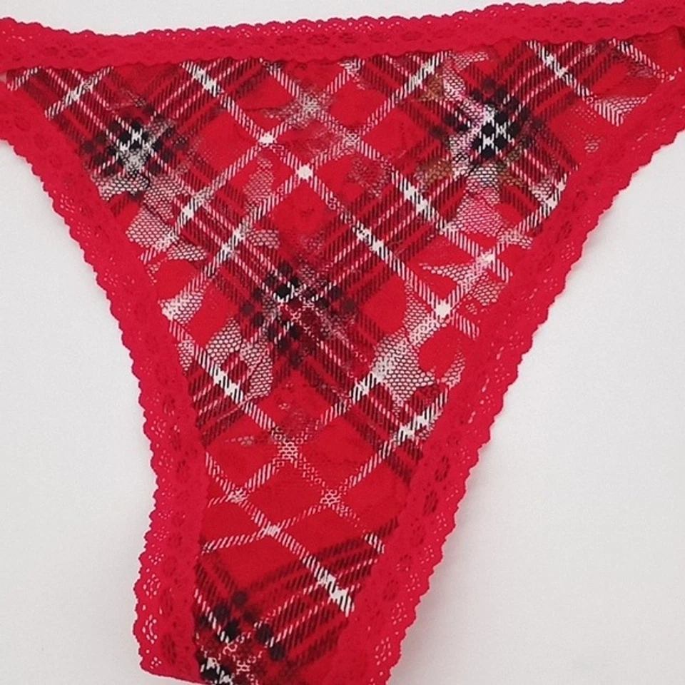 Женские розовые трусики Victorias Secret‎ большие кружевные с ремешками стринги красный перец клетчатые - Изображение 3 из 4