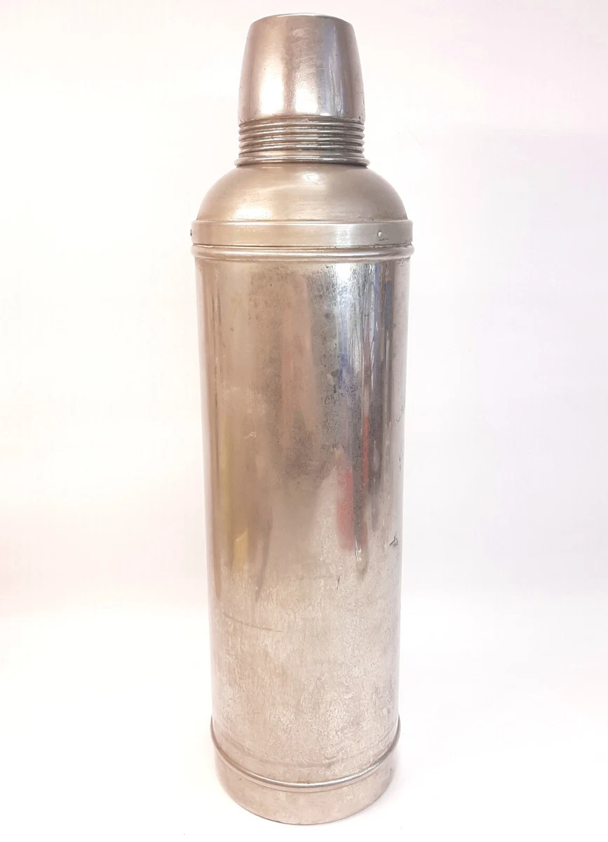 ANTIQUE 1908 AMERICAN THERMOS CO. BRASS NICKEL PLATED GLASS LINED THERMOS  13.75