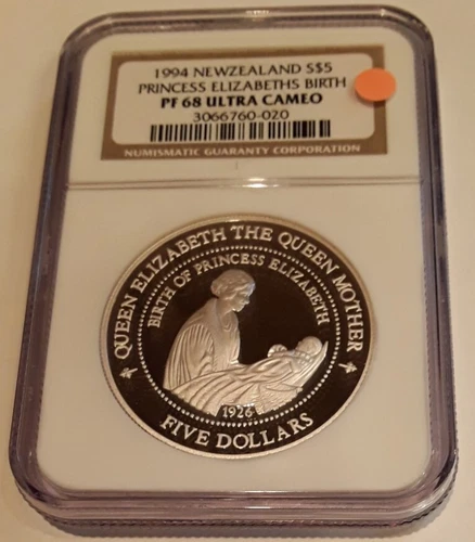 1994 NEW ZEALAND SILVER $5, NGC PF68 ULTRA CAMEO, PRINCESS ELIZABETHS BIRTH.