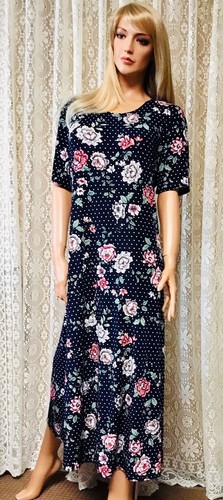 JOSTAR LONG DRESS Poly Spandex Slinky Knit TRAVEL NAVY FLORAL Dot S M L XL 2X 3X - Picture 1 of 11