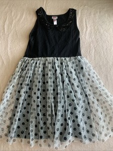 Girls Size 12 Justice Black/White Polka Dot Dress Sequin Collar and Tulle Bottom