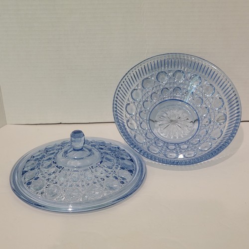 Vintage Windsor Blue Indiana Glass Covered Candy Dish Button & Cane Pattern 7.5" - Picture 5 of 6
