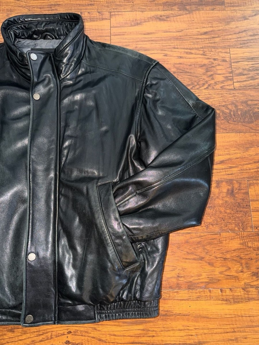 Perry Ellis Portfolio Black Leather Bomber Jacket Size L | eBay
