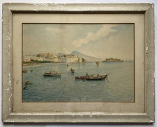 19th Century Painting Italy Bay Of Naples Mt Vesuvius Volcano Signed Napoli