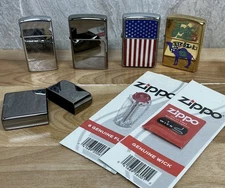 Lot Of 4 Zippo Lighters, 1 Case, 6-Pack Of Flints, & 1 Wick